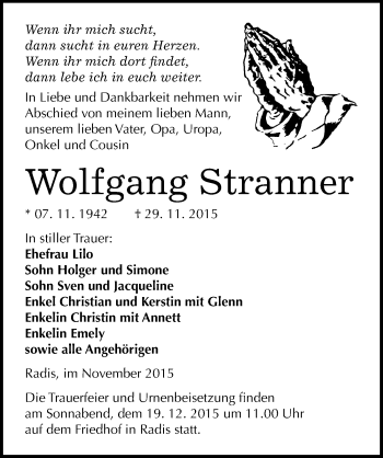 Traueranzeige von Wolfgang Stranner von Mitteldeutsche Zeitung Wittenberg