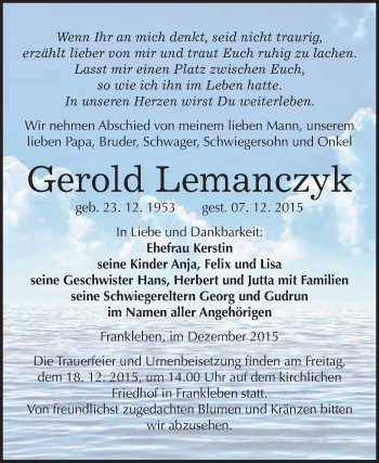 Traueranzeige von Gerold Lemanczyk von WVG - Wochenspiegel Merseburg
