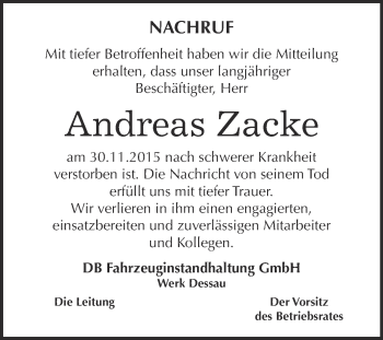 Traueranzeige von Andreas Zacke von WVG - Wochenspiegel Halle