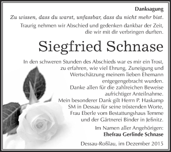 Traueranzeige von Siegfried Schnase von WVG - Wochenspiegel Bitterfeld