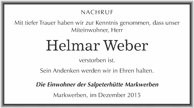  Traueranzeige für Helmar Weber vom 09.12.2015 aus WVG - Wochenspiegel NMB / WSF / ZTZ
