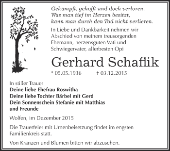 Traueranzeige von Gerhard Schaflik von WVG - Wochenspiegel Bitterfeld