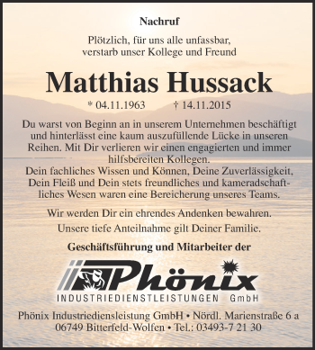 Traueranzeige von Matthias Hussack von Super Sonntag Dessau / Köthen
