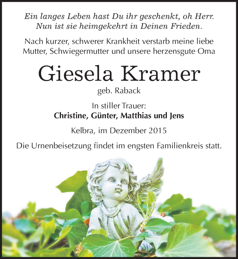  Traueranzeige für Giesela Kramer vom 23.12.2015 aus Mitteldeutsche Zeitung Sangerhausen