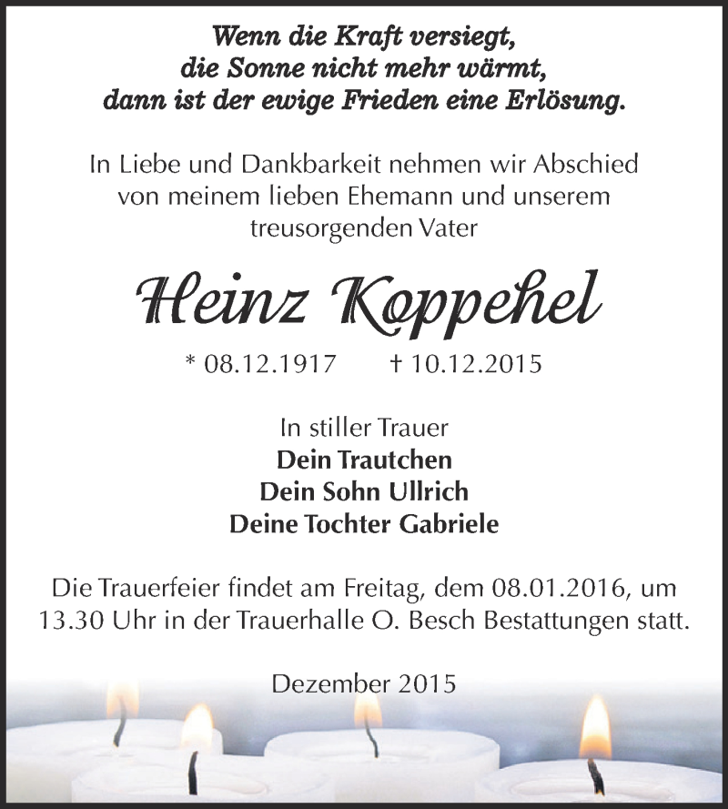 Traueranzeige für Heinz Koppehel vom 19.12.2015 aus WVG - Wochenspiegel Dessau / Köthen