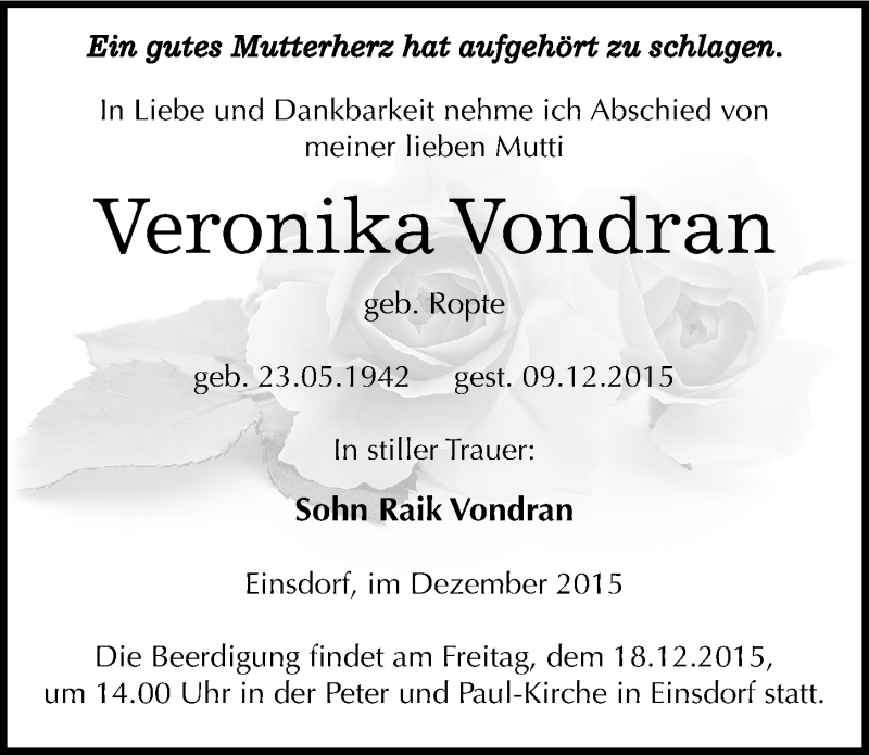  Traueranzeige für Veronika Vondran vom 15.12.2015 aus Mitteldeutsche Zeitung Sangerhausen
