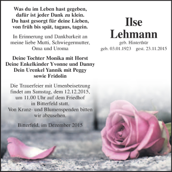Traueranzeige von Ilse Lehmann von WVG - Wochenspiegel Bitterfeld