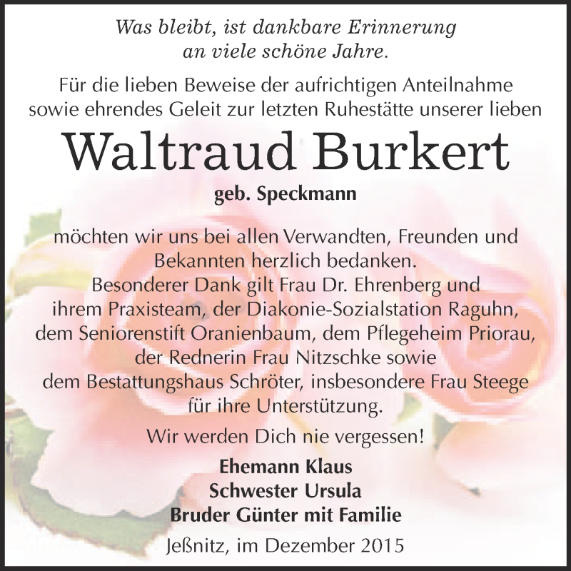  Traueranzeige für Waltraud Burkert vom 09.12.2015 aus WVG - Wochenspiegel Bitterfeld