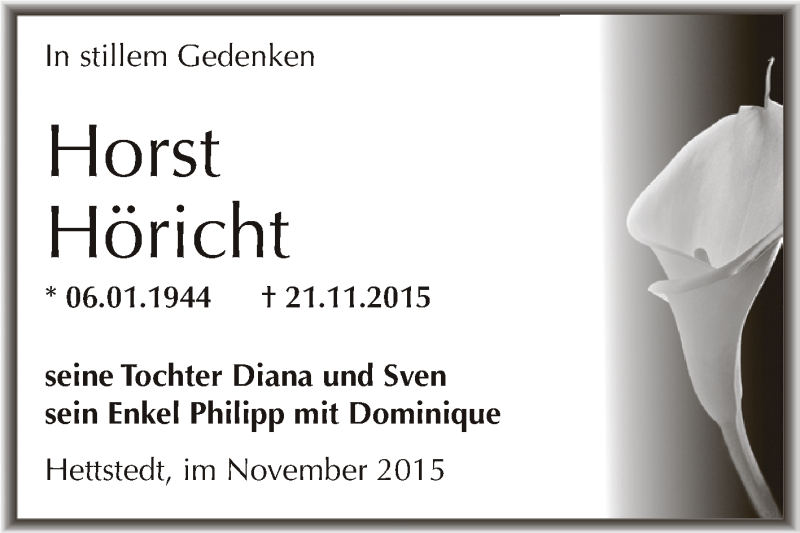  Traueranzeige für Horst Höricht vom 02.12.2015 aus Wochenspiegel Mansfelder Land