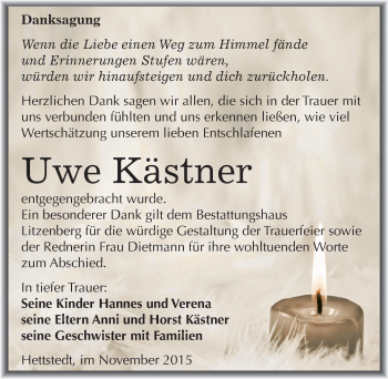 Traueranzeige von Uwe Kästner von Mitteldeutsche Zeitung Mansfelder Land
