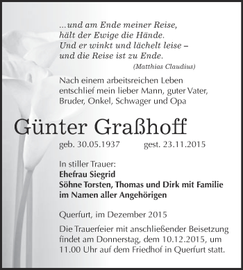 Traueranzeige von Günter Graßhoff von WVG - Wochenspiegel Merseburg