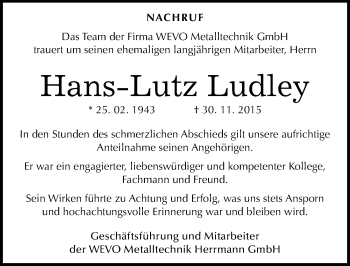 Traueranzeige von Hans-Lutz Ludley von Mitteldeutsche Zeitung Dessau-Roßlau