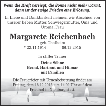 Traueranzeige von Margarete Reichenbach von Super Sonntag Bernburg
