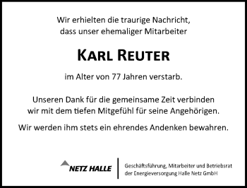 Traueranzeige von Karl Reuter von Mitteldeutsche Zeitung Halle/Saalkreis