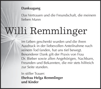 Traueranzeige von Willi Remmlinger von Super Sonntag Merseburg