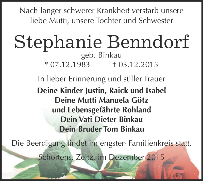  Traueranzeige für Stephanie Benndorf vom 12.12.2015 aus Super Sonntag Zeitz