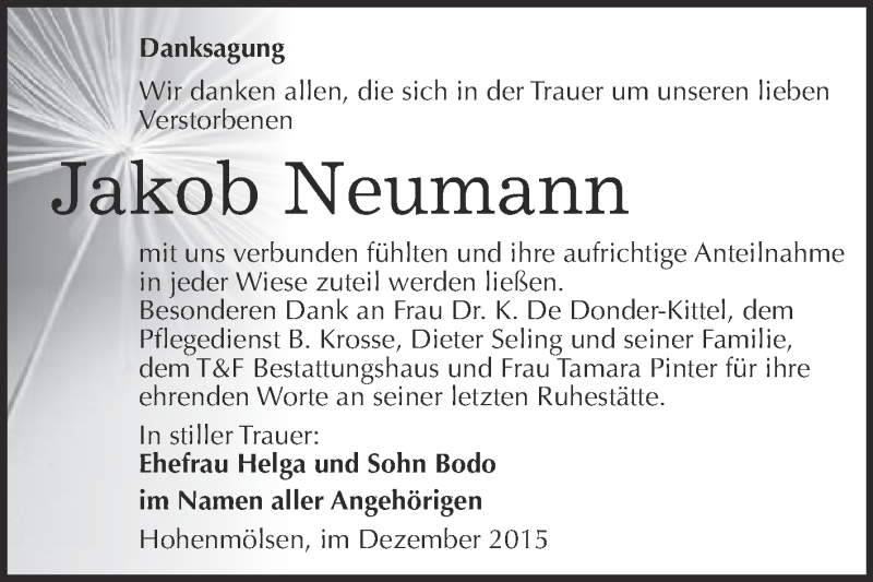  Traueranzeige für Jakob Neumann vom 30.12.2015 aus WVG - Wochenspiegel NMB / WSF / ZTZ