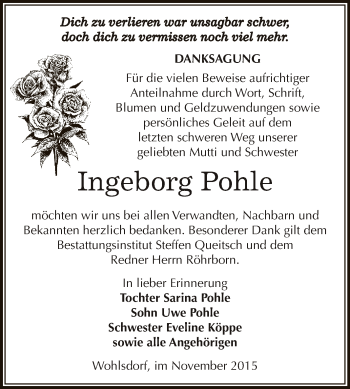 Traueranzeige von Ingeborg Pohle von Super Sonntag Bernburg