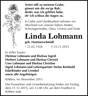 Traueranzeige von Linda Lohmann von Mitteldeutsche Zeitung Köthen