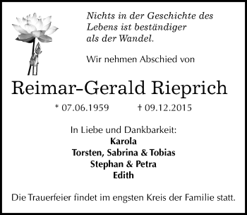Traueranzeige von Reimar-Gerald Rieprich von Mitteldeutsche Zeitung Dessau-Roßlau