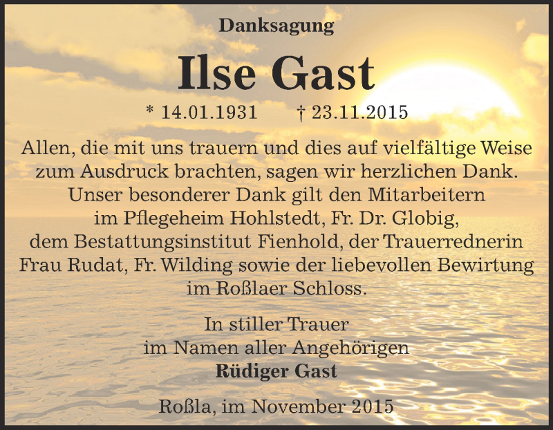  Traueranzeige für Ilse Gast vom 19.12.2015 aus Super Sonntag SGH Mansf. Land