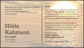 Traueranzeige von Hilda Kahmann von Mitteldeutsche Zeitung Naumburg/Nebra