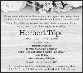 Traueranzeige von Herbert Töpe von WVG - Wochenspiegel NMB / WSF / ZTZ