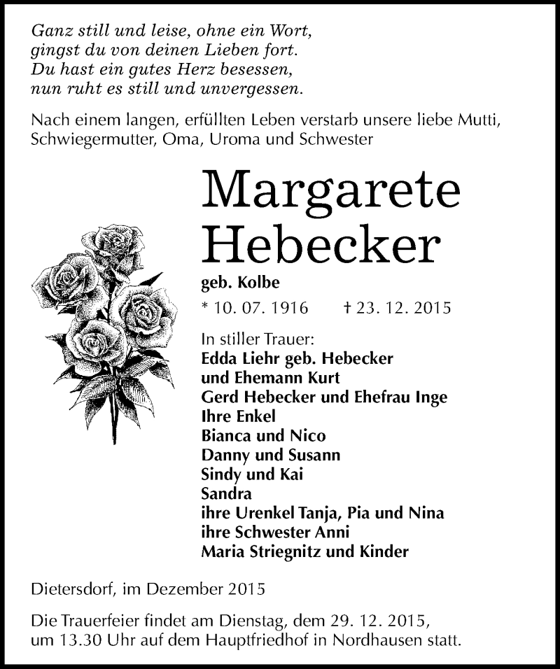  Traueranzeige für Margarete Hebecker vom 28.12.2015 aus Mitteldeutsche Zeitung Sangerhausen