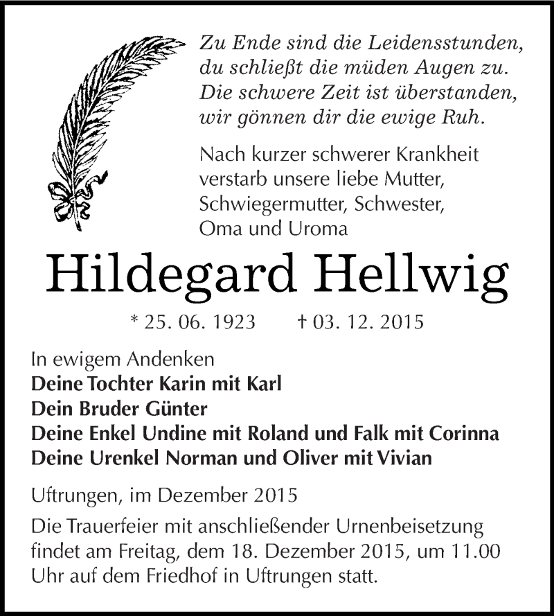  Traueranzeige für Hildegard Hellwig vom 12.12.2015 aus Super Sonntag SGH Mansf. Land