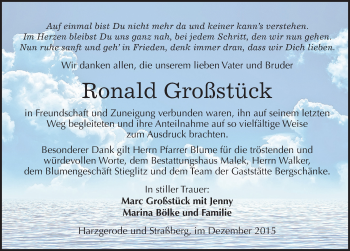 Traueranzeige von Ronald Großstück von Mitteldeutsche Zeitung Quedlinburg