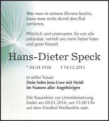 Traueranzeige von Hans-Dieter Speck von WVG - Wochenspiegel NMB / WSF / ZTZ