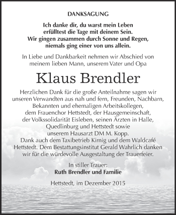 Traueranzeige von Klaus Brendler von Super Sonntag SGH Mansf. Land