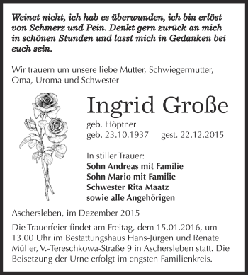 Traueranzeige von Ingrid Große von Super Sonntag Aschersleben
