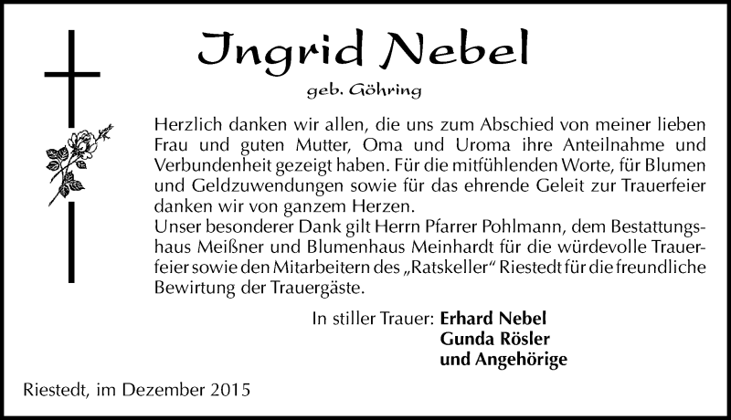  Traueranzeige für Ingrid Nebel vom 19.12.2015 aus Mitteldeutsche Zeitung Sangerhausen