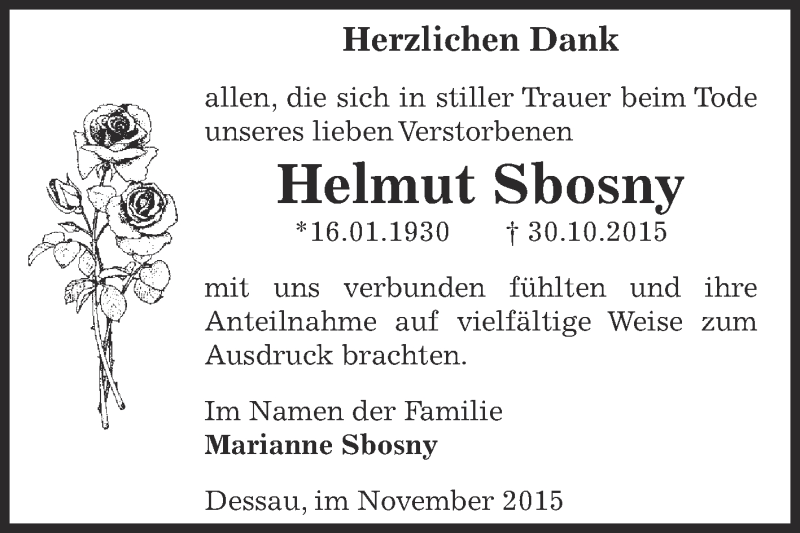  Traueranzeige für Helmut Sbosny vom 12.12.2015 aus WVG - Wochenspiegel Dessau / Köthen