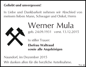Traueranzeige von Werner Mula von Super Sonntag Zeitz