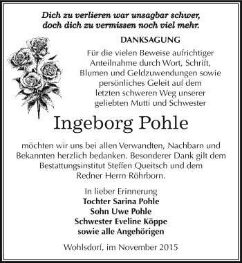 Traueranzeige von Ingeborg Pohle von Mitteldeutsche Zeitung Köthen