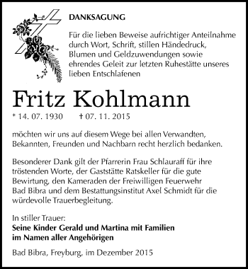 Traueranzeige von Fritz Kohlmann von Mitteldeutsche Zeitung Naumburg/Nebra