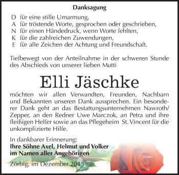 Traueranzeige von Elli Jäschke von Mitteldeutsche Zeitung Bitterfeld