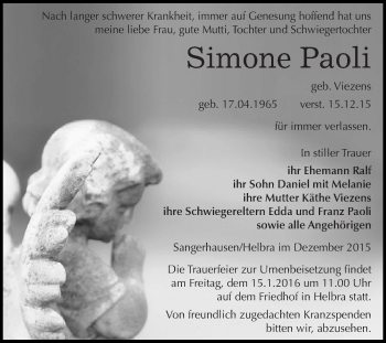 Traueranzeige von Simone Paoli von Super Sonntag SGH Mansf. Land