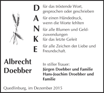 Traueranzeige von Albrecht Doebber von WVG - Wochenspiegel Quedlinburg