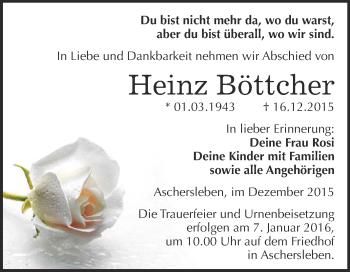 Traueranzeige von Heinz Böttcher von Super Sonntag Aschersleben