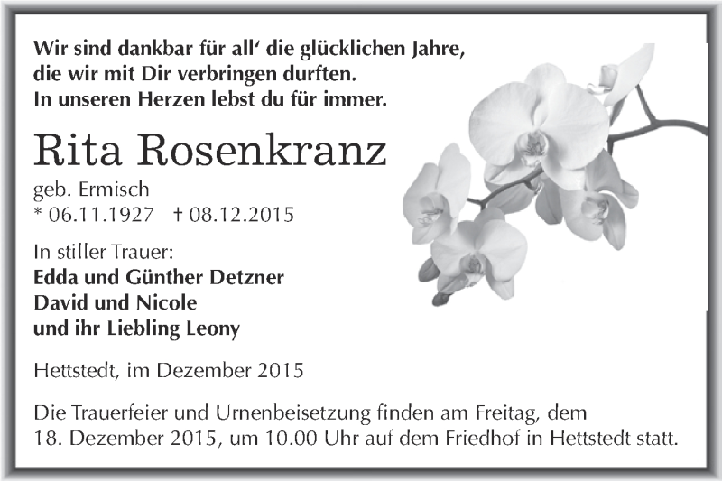  Traueranzeige für Rita Rosenkranz vom 12.12.2015 aus Super Sonntag SGH Mansf. Land
