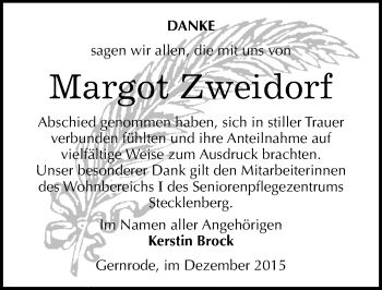 Traueranzeige von Margot Zweidorf von Mitteldeutsche Zeitung Quedlinburg