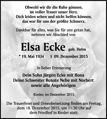 Traueranzeige von Elsa Ecke von WVG - Wochenspiegel Quedlinburg