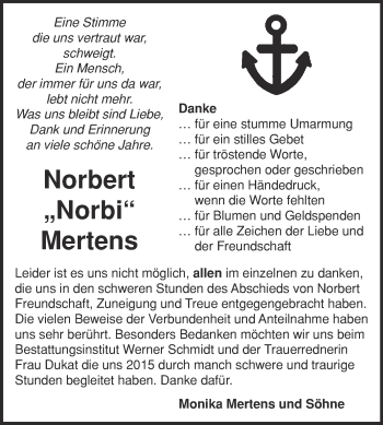 Traueranzeige von Norbert Mertens von WVG - Wochenspiegel Quedlinburg
