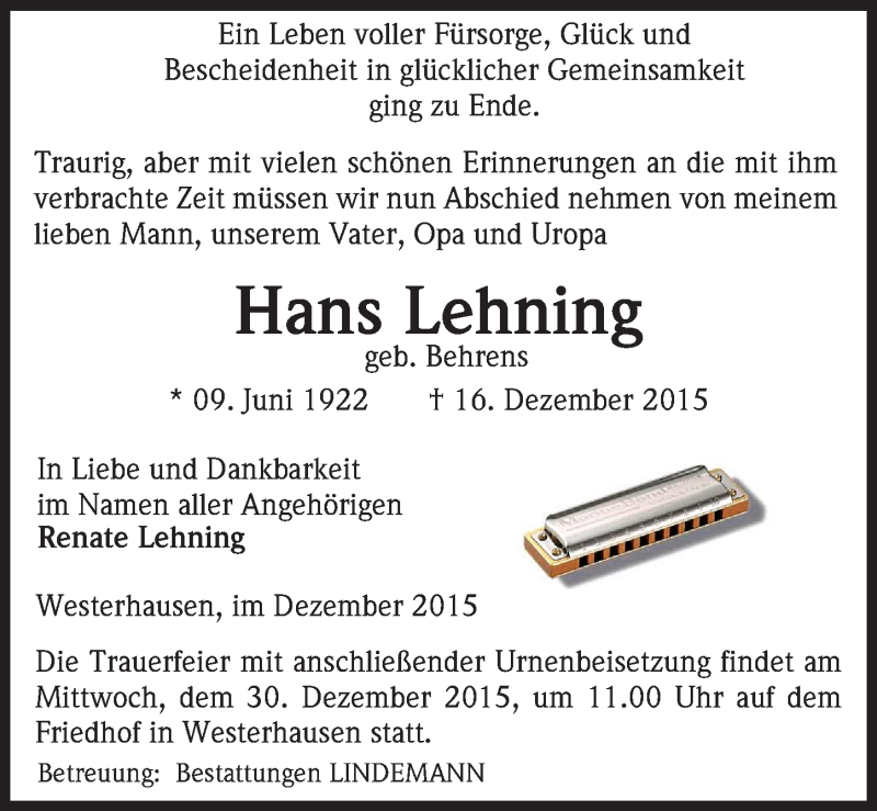  Traueranzeige für Hans Lehning vom 19.12.2015 aus Mitteldeutsche Zeitung Quedlinburg
