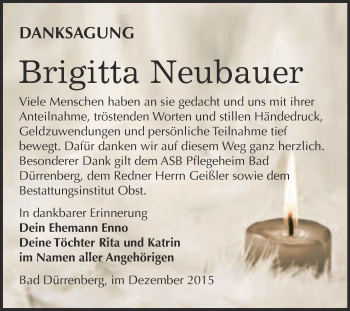 Traueranzeige von Brigitta Neubauer von Super Sonntag Merseburg