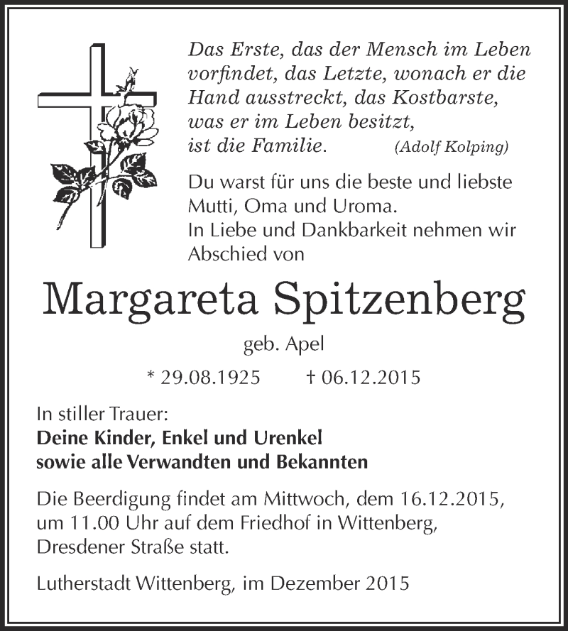  Traueranzeige für Margareta Spitzenberg vom 12.12.2015 aus Super Sonntag Wittenberg
