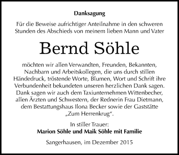 Traueranzeige von Bernd Söhle von Mitteldeutsche Zeitung Sangerhausen